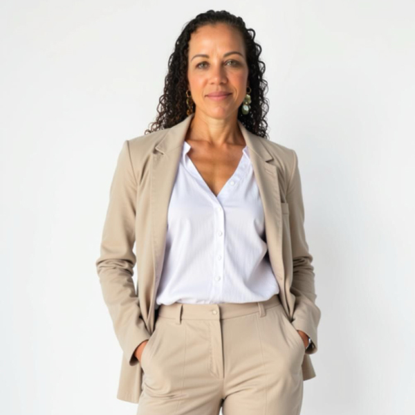 A foto da Psicóloga Aurélia com cabelos longos e ondulados castanhos claros. Ela veste um conjunto formal composto por calça e blazer cor de areia, combinados com uma camisa branca de botões. A mulher está em pé, posicionada centralmente na imagem, com as mãos elegantemente colocadas nos bolsos da calça. Sua expressão facial é serena e ela olha diretamente para a câmera. O fundo é completamente branco e uniforme, o que destaca a figura da mulher e suas vestimentas. A iluminação é suave e distribuída de maneira uniforme, sem criar sombras fortes. No geral, a imagem sugere um retrato profissional em um ambiente de estúdio.
