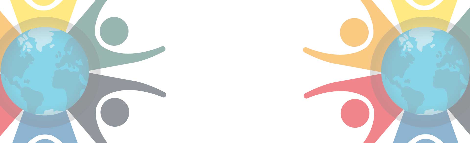 A imagem apresenta um design abstrato e colorido com dois globos terrestres estilizados. Cada globo é representado em tons de azul claro, com os contornos dos continentes visíveis de forma simplificada. Os globos estão posicionados em lados opostos da imagem, com um grande espaço em branco no centro.
Ao redor de cada globo, há formas abstratas que lembram figuras humanas com os braços levantados. Essas formas são semitransparentes e sobrepostas umas às outras, criando um efeito de camadas de cores. As cores visíveis incluem amarelo, verde, azul claro, preto e vermelho. As formas parecem irradiar para fora dos globos, sugerindo uma conexão ou interação com o mundo.